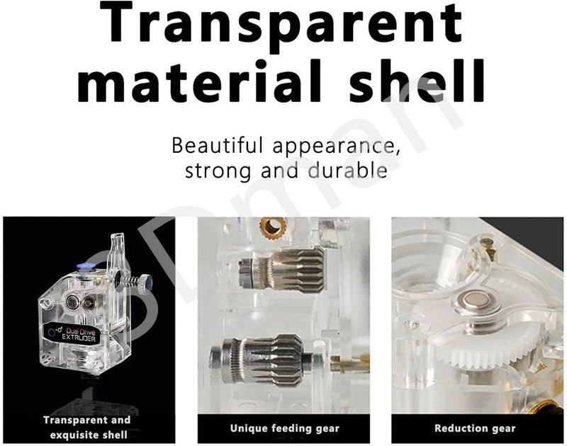 3Dman Bowden Dual Drive Extruder Universal Geared Extruder for Ender 3 V2/Pro, Ender 3 Series, CR10 Series, Mega S, Tevo Tornado, Wanhao D9, Anet A8 E10, Prusa I3 and DIY 3D Printer, Transparent - Image 2